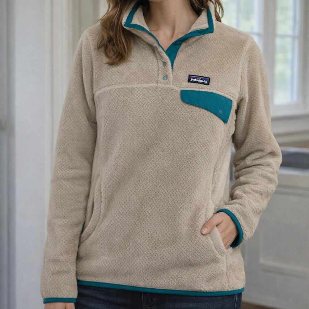 Patagonia Re-Tool Snap-T Fleece Pullover Women’s M Oatmeal Tan Teal Cozy Outdoor